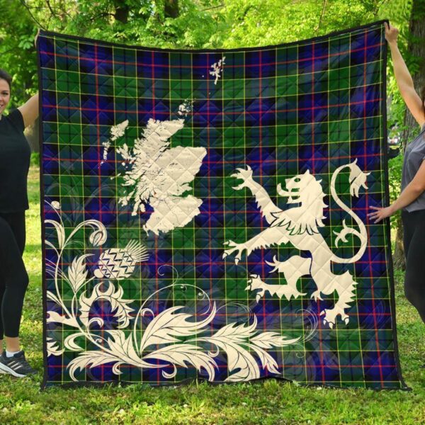 Forsyth Modern Clan Quilt, Scottish Tartan Forsyth Modern Clans Premium Quilt Lion Thistle Map Style