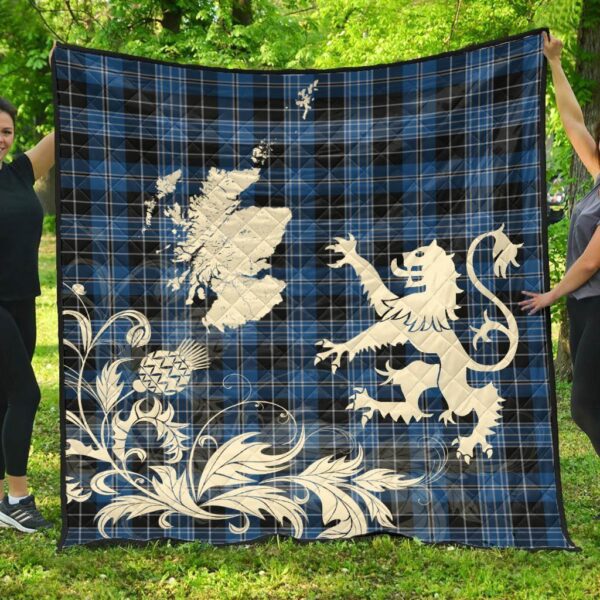 Clergy Blue Clan Quilt, Scottish Tartan Clergy Blue Clans Premium Quilt Lion Thistle Map Style