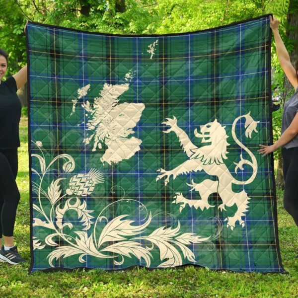 Henderson Ancient Clan Quilt, Scottish Tartan Henderson Ancient Clans Premium Quilt Lion Thistle Map Style