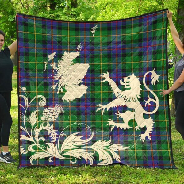 Tait Modern Clan Quilt, Scottish Tartan Tait Modern Clans Premium Quilt Lion Thistle Map Style