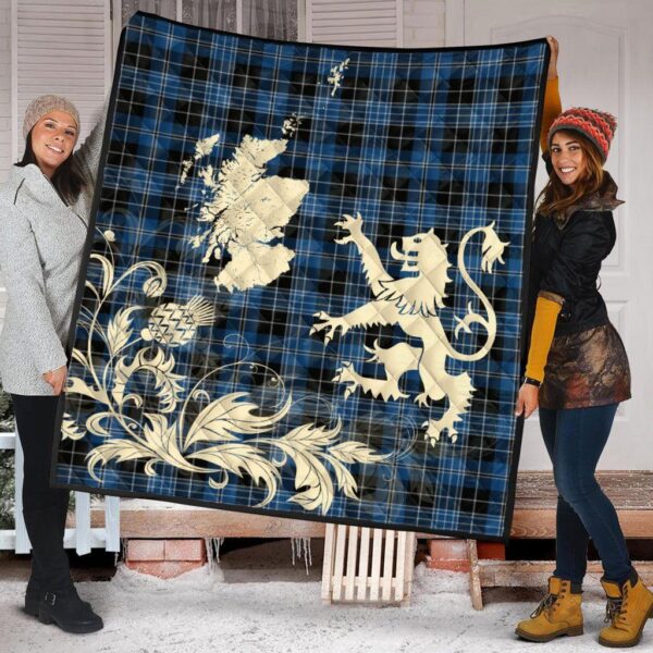 Clergy Blue Clan Quilt, Scottish Tartan Clergy Blue Clans Premium Quilt Lion Thistle Map Style - Image 2