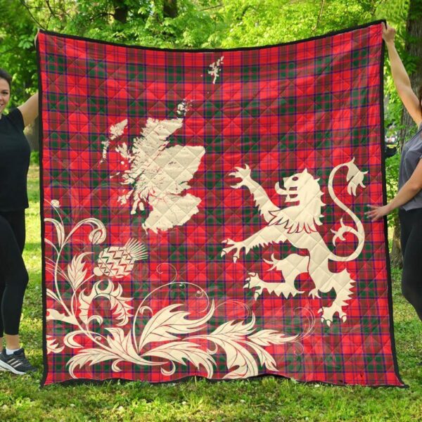 Drummond Modern Clan Quilt, Scottish Tartan Drummond Modern Clans Premium Quilt Lion Thistle Map Style