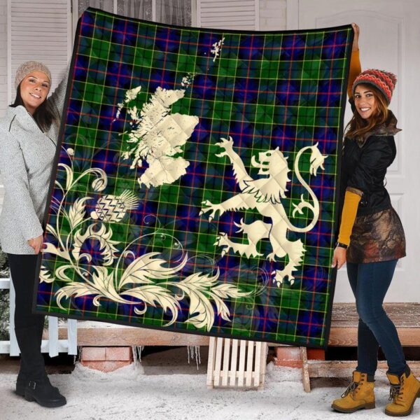 Forsyth Modern Clan Quilt, Scottish Tartan Forsyth Modern Clans Premium Quilt Lion Thistle Map Style - Image 2