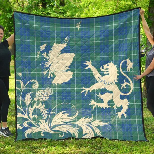 Hamilton Hunting Ancient Clan Quilt, Scottish Tartan Hamilton Hunting Ancient Clans Premium Quilt Lion Thistle Map Style