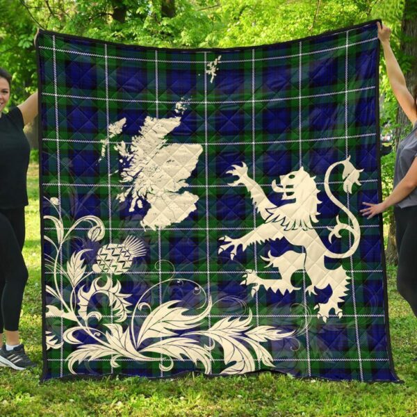 Forbes Modern Clan Quilt, Scottish Tartan Forbes Modern Clans Premium Quilt Lion Thistle Map Style