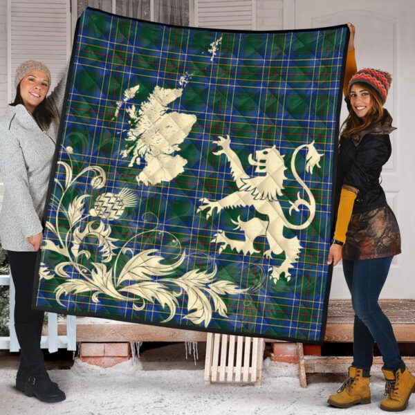 Cockburn Ancient Clan Quilt, Scottish Tartan Cockburn Ancient Clans Premium Quilt Lion Thistle Map Style - Image 2