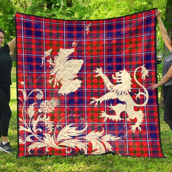 Cameron of Lochiel Modern Clan Quilt, Scottish Tartan Cameron of Lochiel Modern Clans Premium Quilt Lion Thistle Map Style