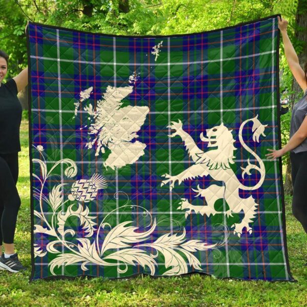 MacIntyre Hunting Modern Clan Quilt, Scottish Tartan MacIntyre Hunting Modern Clans Premium Quilt Lion Thistle Map Style