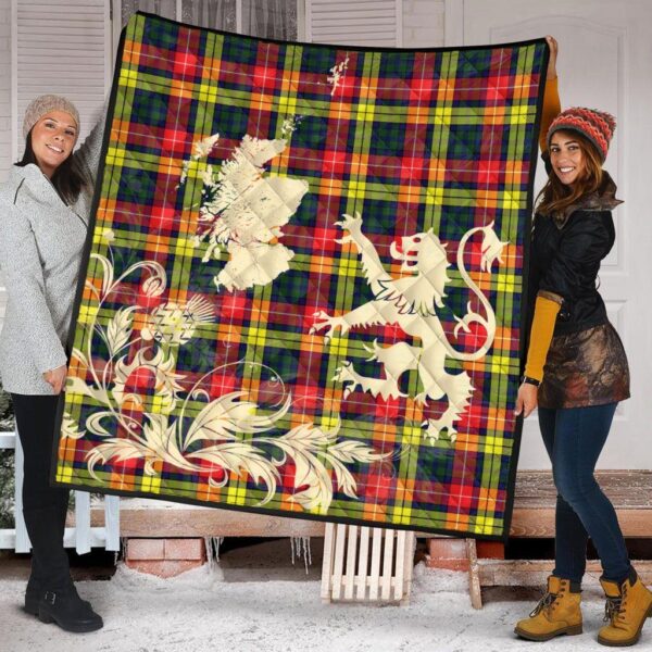 Buchanan Hunting Clan Quilt, Scottish Tartan Buchanan Hunting Clans Premium Quilt Lion Thistle Map Style - Image 2