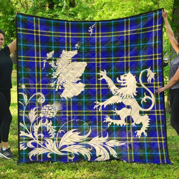 Weir Modern Clan Quilt, Scottish Tartan Weir Modern Clans Premium Quilt Lion Thistle Map Style