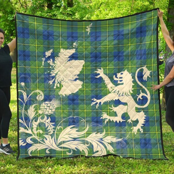 Johnston Ancient Clan Quilt, Scottish Tartan Johnston Ancient Clans Premium Quilt Lion Thistle Map Style