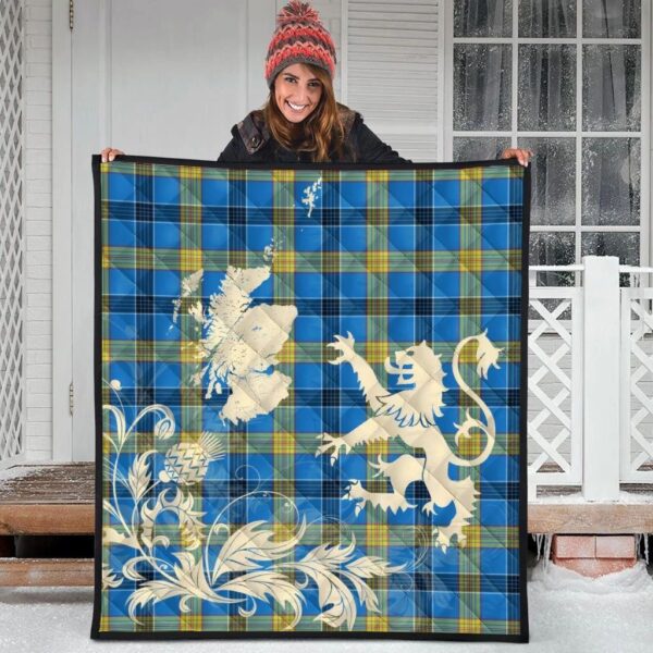 Laing Clan Quilt, Scottish Tartan Laing Clans Premium Quilt Lion Thistle Map Style - Image 3