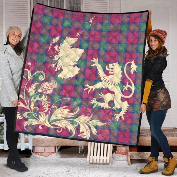 Lindsay Ancient Clan Quilt, Scottish Tartan Lindsay Ancient Clans Premium Quilt Lion Thistle Map Style - Image 2