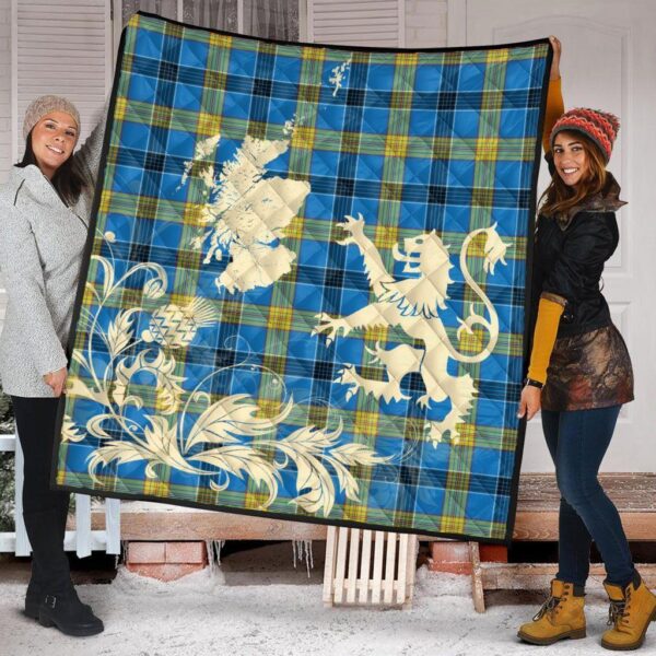 Laing Clan Quilt, Scottish Tartan Laing Clans Premium Quilt Lion Thistle Map Style - Image 2