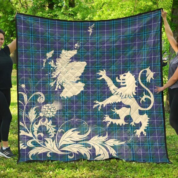 Douglas Modern Clan Quilt, Scottish Tartan Douglas Modern Clans Premium Quilt Lion Thistle Map Style