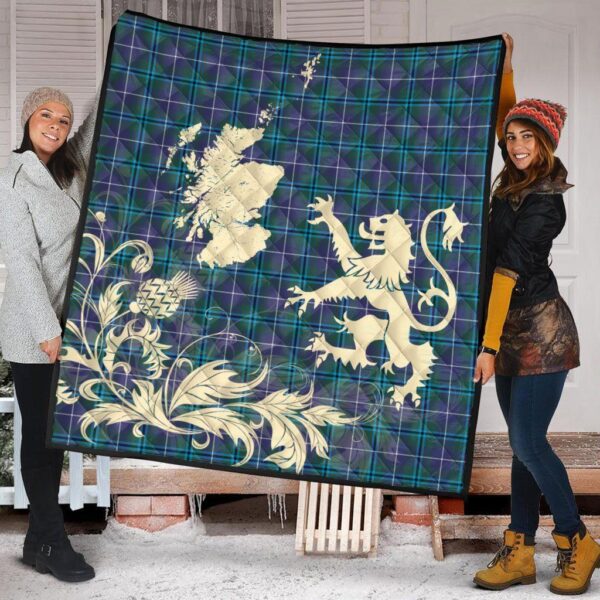 Douglas Modern Clan Quilt, Scottish Tartan Douglas Modern Clans Premium Quilt Lion Thistle Map Style - Image 2