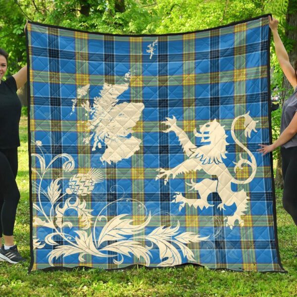 Laing Clan Quilt, Scottish Tartan Laing Clans Premium Quilt Lion Thistle Map Style