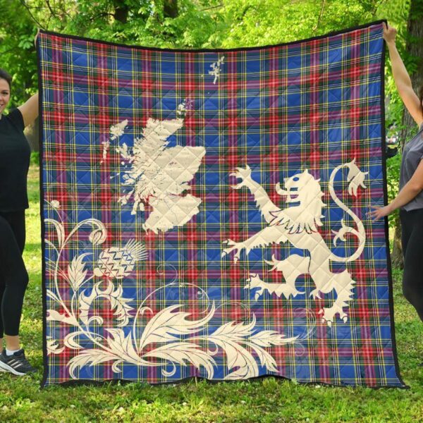 MacBeth Modern Clan Quilt, Scottish Tartan MacBeth Modern Clans Premium Quilt Lion Thistle Map Style