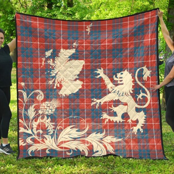 Hamilton Ancient Clan Quilt, Scottish Tartan Hamilton Ancient Clans Premium Quilt Lion Thistle Map Style