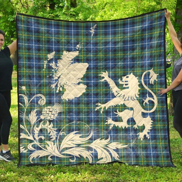 MacNeil of Colonsay Modern Clan Quilt, Scottish Tartan MacNeil of Colonsay Modern Clans Premium Quilt Lion Thistle Map Style