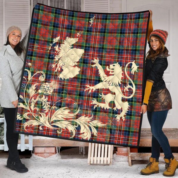 MacPherson Ancient Clan Quilt, Scottish Tartan MacPherson Ancient Clans Premium Quilt Lion Thistle Map Style - Image 2