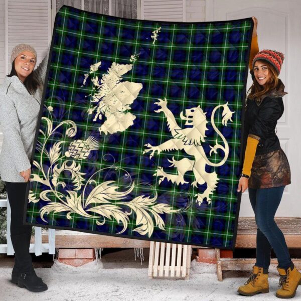 Lamont Modern Clan Quilt, Scottish Tartan Lamont Modern Clans Premium Quilt Lion Thistle Map Style - Image 2