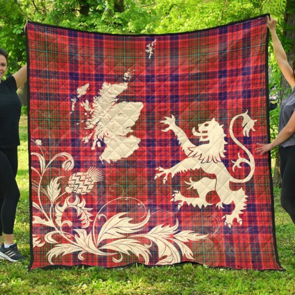 Lumsden Modern Clan Quilt, Scottish Tartan Lumsden Modern Clans Premium Quilt Lion Thistle Map Style