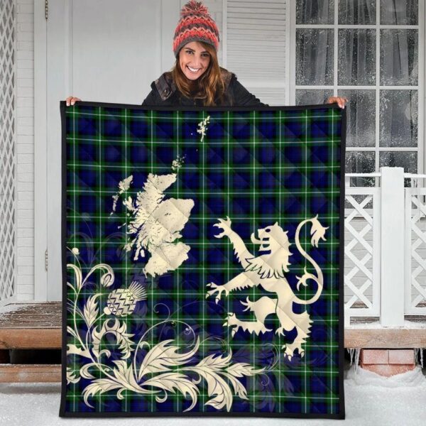 Lamont Modern Clan Quilt, Scottish Tartan Lamont Modern Clans Premium Quilt Lion Thistle Map Style - Image 3