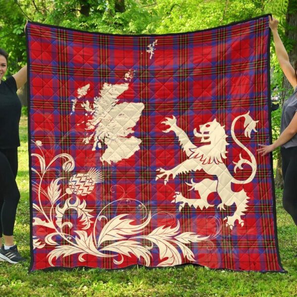 Leslie Modern Clan Quilt, Scottish Tartan Leslie Modern Clans Premium Quilt Lion Thistle Map Style