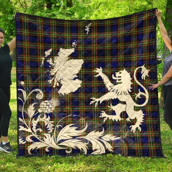 MacLellan Modern Clan Quilt, Scottish Tartan MacLellan Modern Clans Premium Quilt Lion Thistle Map Style