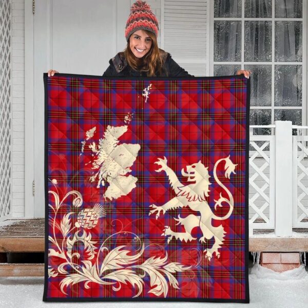 Leslie Modern Clan Quilt, Scottish Tartan Leslie Modern Clans Premium Quilt Lion Thistle Map Style - Image 3