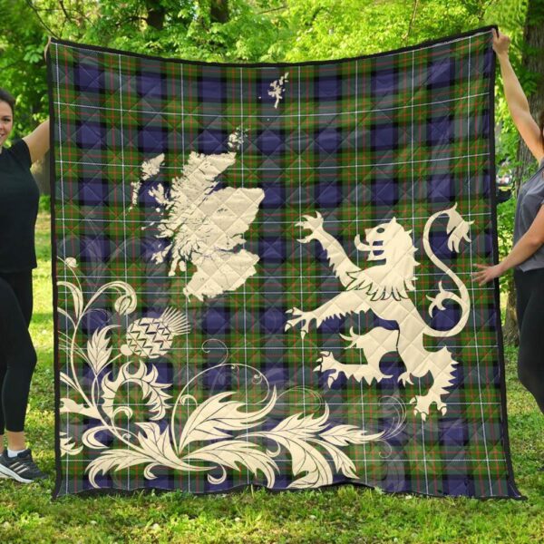 Fergusson Modern Clan Quilt, Scottish Tartan Fergusson Modern Clans Premium Quilt Lion Thistle Map Style