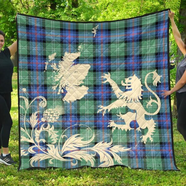 Sutherland Old Ancient Clan Quilt, Scottish Tartan Sutherland Old Ancient Clans Premium Quilt Lion Thistle Map Style