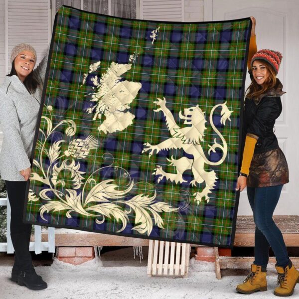 Fergusson Modern Clan Quilt, Scottish Tartan Fergusson Modern Clans Premium Quilt Lion Thistle Map Style - Image 2