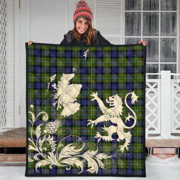 Fergusson Modern Clan Quilt, Scottish Tartan Fergusson Modern Clans Premium Quilt Lion Thistle Map Style - Image 3