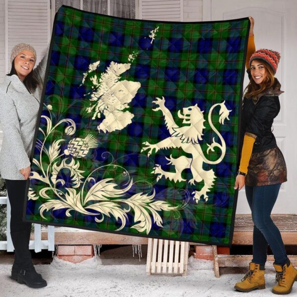 Dundas Modern Clan Quilt, Scottish Tartan Dundas Modern Clans Premium Quilt Lion Thistle Map Style - Image 2