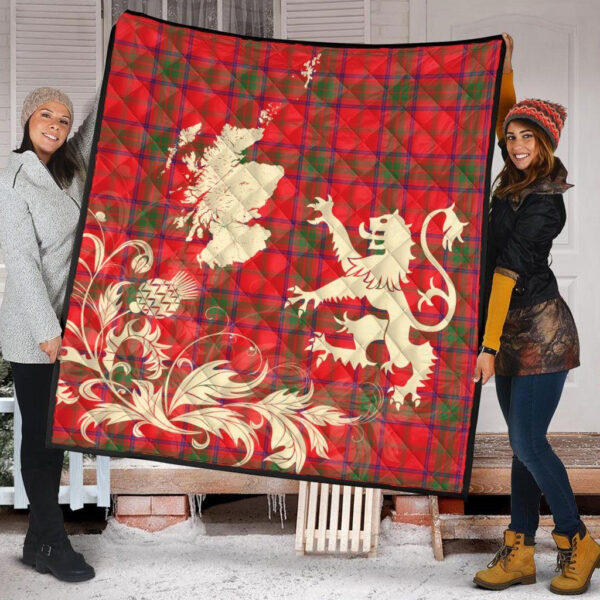 Ross Modern Clan Quilt, Scottish Tartan Ross Modern Clans Premium Quilt Lion Thistle Map Style - Image 2