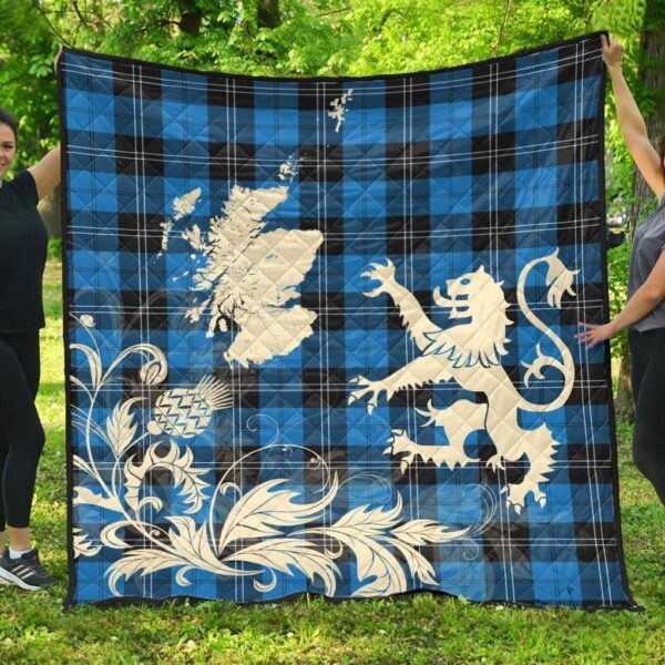 Ramsay Blue Ancient Clan Quilt, Scottish Tartan Ramsay Blue Ancient Clans Premium Quilt Lion Thistle Map Style