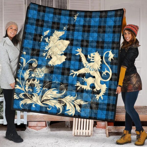 Ramsay Blue Ancient Clan Quilt, Scottish Tartan Ramsay Blue Ancient Clans Premium Quilt Lion Thistle Map Style - Image 2