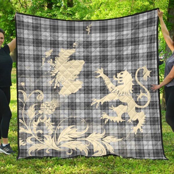 Douglas Grey Modern Clan Quilt, Scottish Tartan Douglas Grey Modern Clans Premium Quilt Lion Thistle Map Style