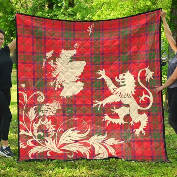 Ross Modern Clan Quilt, Scottish Tartan Ross Modern Clans Premium Quilt Lion Thistle Map Style