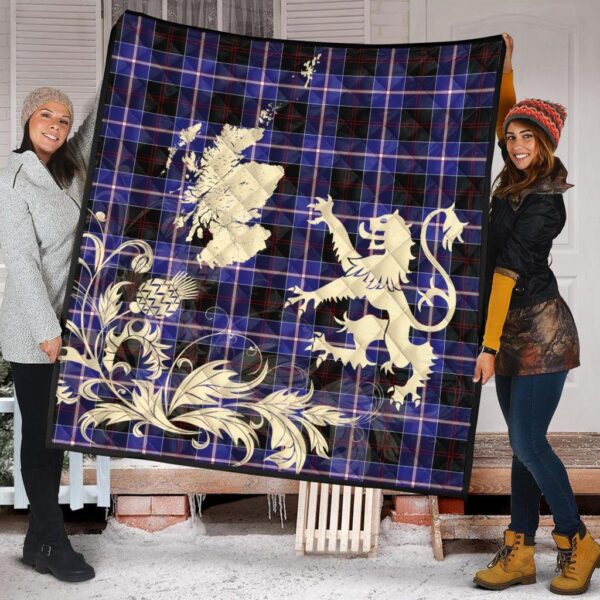 Dunlop Modern Clan Quilt, Scottish Tartan Dunlop Modern Clans Premium Quilt Lion Thistle Map Style - Image 2