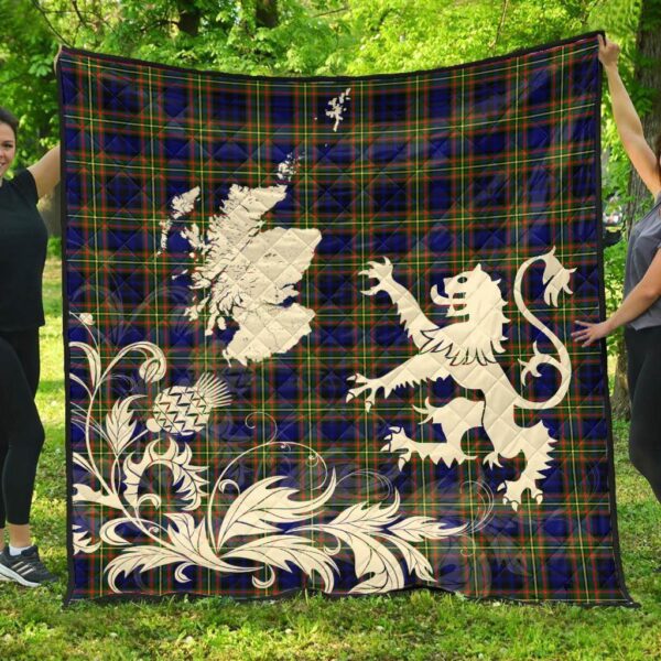 Clelland Modern Clan Quilt, Scottish Tartan Clelland Modern Clans Premium Quilt Lion Thistle Map Style