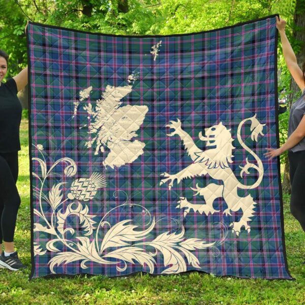 Cooper Ancient Clan Quilt, Scottish Tartan Cooper Ancient Clans Premium Quilt Lion Thistle Map Style