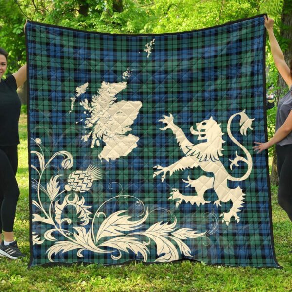 Campbell Ancient 02 Clan Quilt, Scottish Tartan Campbell Ancient 02 Clans Premium Quilt Lion Thistle Map Style