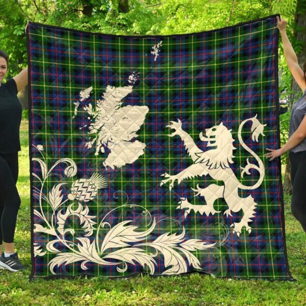 Farquharson Modern Clan Quilt, Scottish Tartan Farquharson Modern Clans Premium Quilt Lion Thistle Map Style