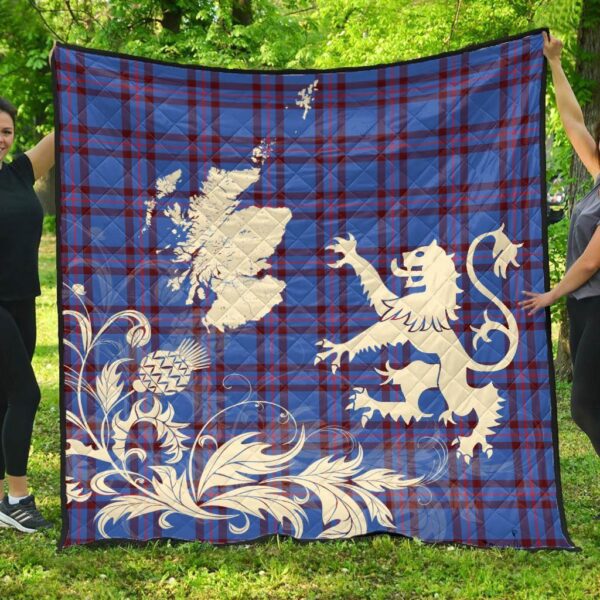 Elliot Modern Clan Quilt, Scottish Tartan Elliot Modern Clans Premium Quilt Lion Thistle Map Style