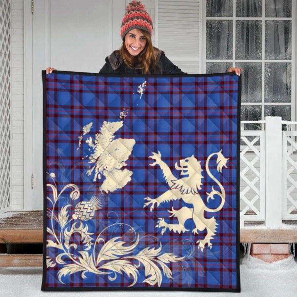 Elliot Modern Clan Quilt, Scottish Tartan Elliot Modern Clans Premium Quilt Lion Thistle Map Style - Image 3