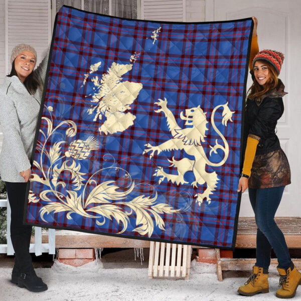 Elliot Modern Clan Quilt, Scottish Tartan Elliot Modern Clans Premium Quilt Lion Thistle Map Style - Image 2