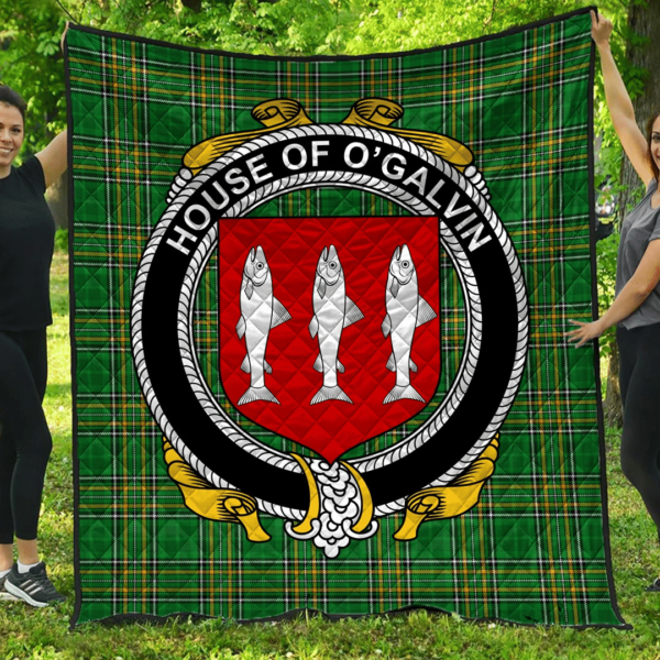 House Of O'Galvin Irish Family Crest Premium Quilt - Irish National Tartan